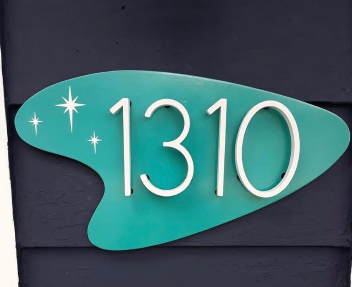 Suite placard 1310 — atomic era themed hotel made of HDPE numbers on painted cedar base.